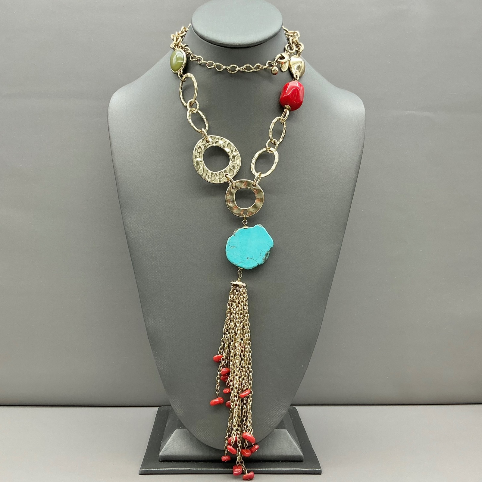 Chico's Necklace Womens Gold Tone Turquoise Red Green Tassel Statement 22-26 In